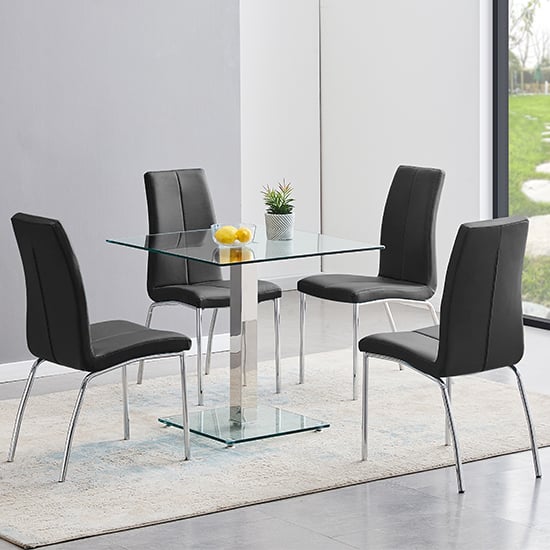 Hartville Clear Glass Dining Table With 4 Opelika Black Chairs