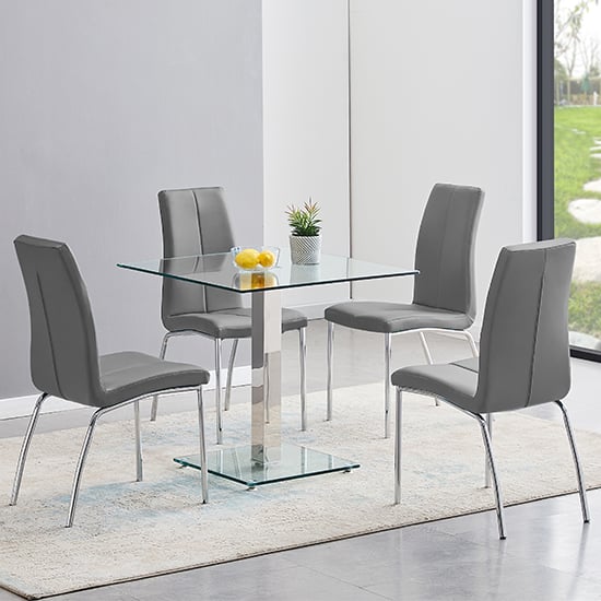 Hartville Clear Glass Dining Table With 4 Opelika Grey Chairs