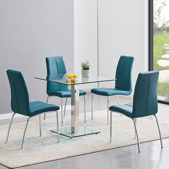 Hartville Clear Glass Dining Table With 4 Opelika Teal Chairs