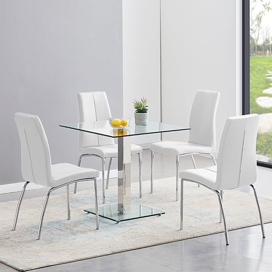 Hartville Clear Glass Dining Table With 4 Opelika White Chairs