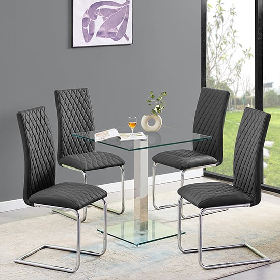 Hartville Clear Glass Dining Table With 4 Rinks Black Chairs