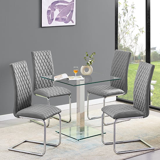 Hartville Clear Glass Dining Table With 4 Rinks Grey Chairs