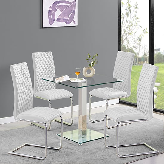 Hartville Clear Glass Dining Table With 4 Rinks White Chairs