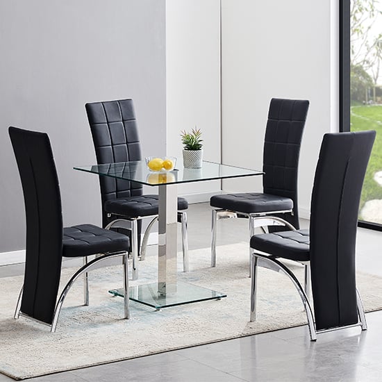 Hartville Clear Glass Dining Table With 4 Riverton Black Chairs