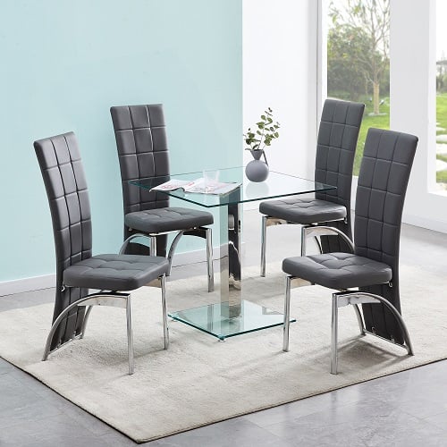 Hartville Clear Glass Dining Table With 4 Riverton Grey Chairs