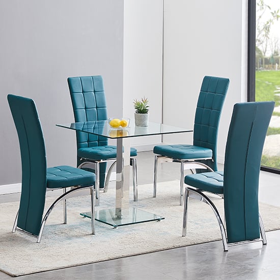 Hartville Clear Glass Dining Table With 4 Riverton Teal Chairs