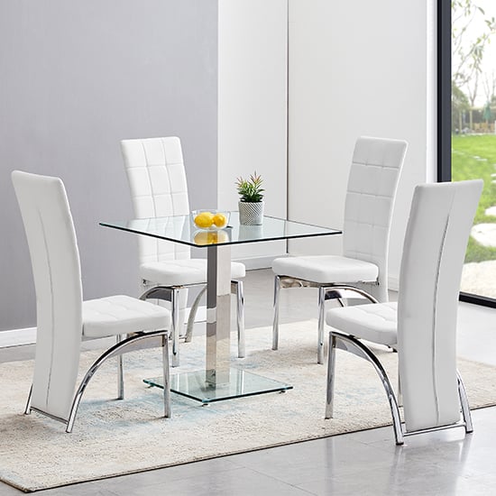 Hartville Clear Glass Dining Table With 4 Riverton White Chairs