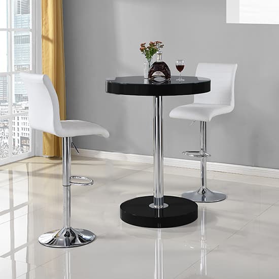 Hixson Bar Table In Black With 2 Rifle White Bar Stools
