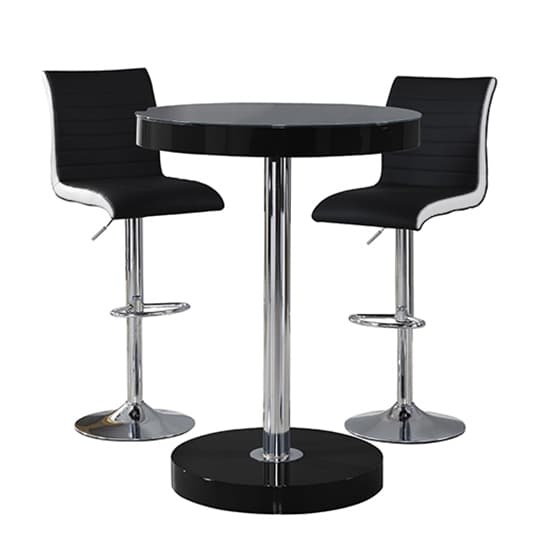 Hixson Bar Table In Black With 2 Riga Black And White Bar Stools