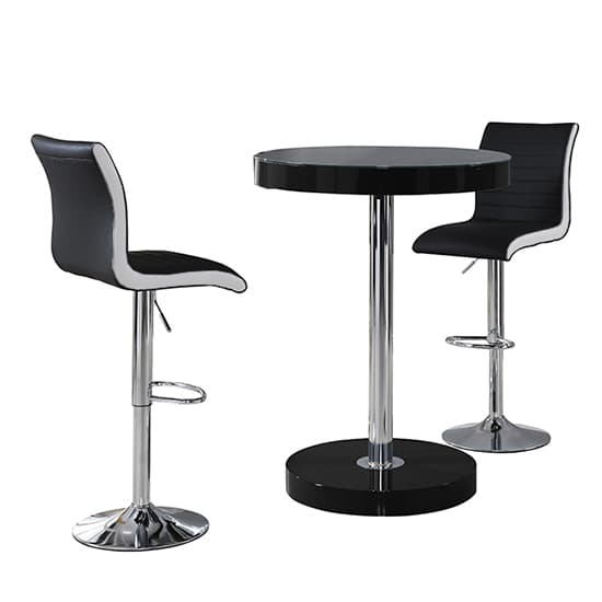 Hixson Bar Table In Black With 2 Riga Black And White Bar Stools