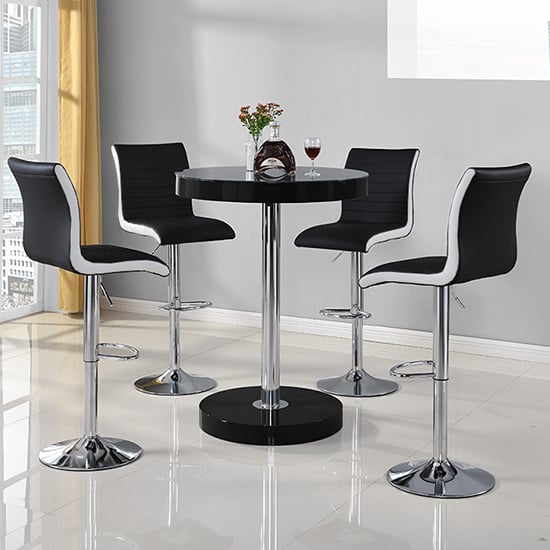 Hixson Bar Table In Black With 4 Riga Black And White Bar Stools