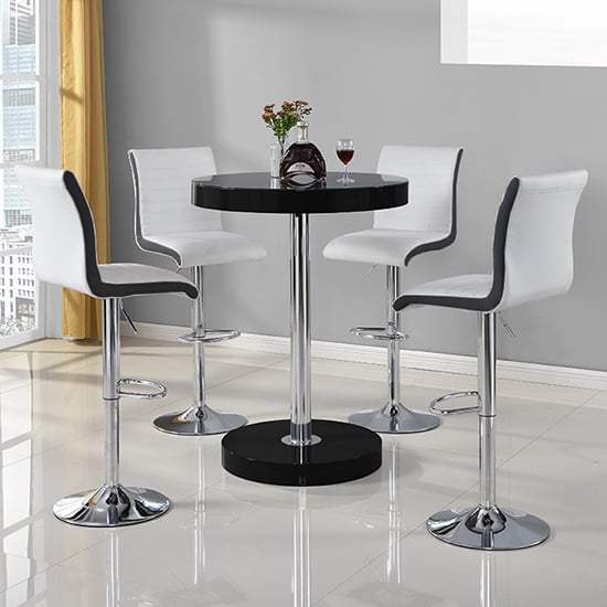 Hixson Bar Table In Black With 4 Riga White And Black Bar Stools