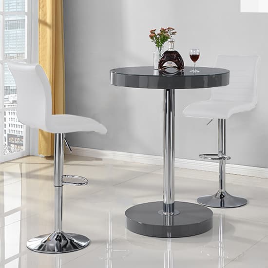 Hixson Bar Table In Grey With 2 Rifle White Bar Stools