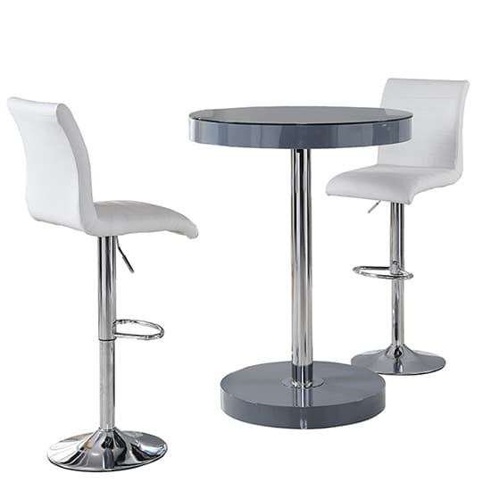 Hixson Bar Table In Grey With 2 Rifle White Bar Stools