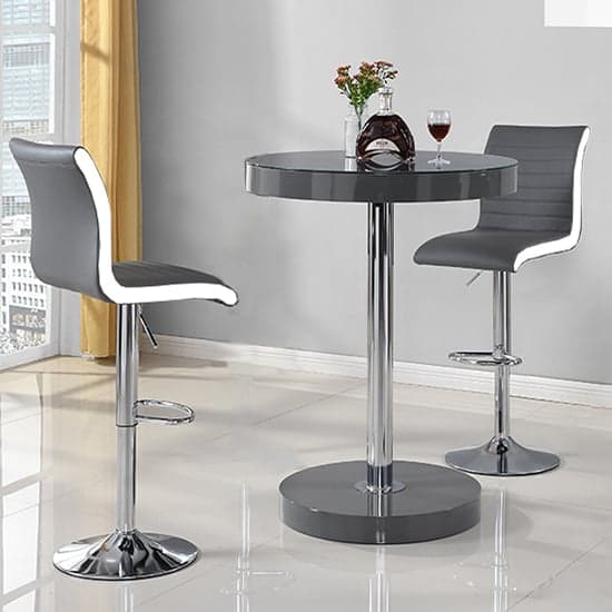 Hixson Bar Table In Grey With 2 Riga Grey And White Bar Stools