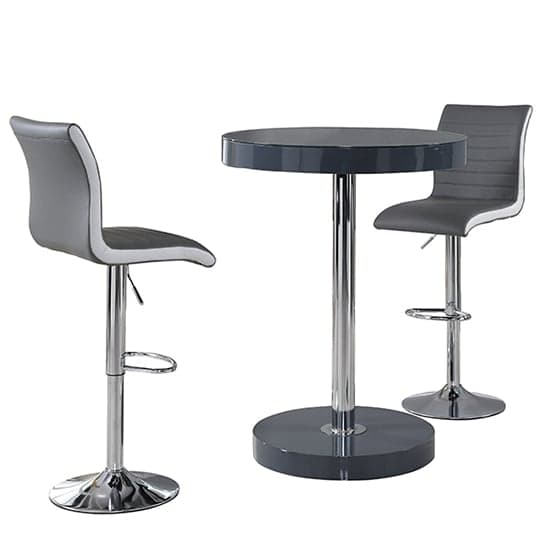 Hixson Bar Table In Grey With 2 Riga Grey And White Bar Stools