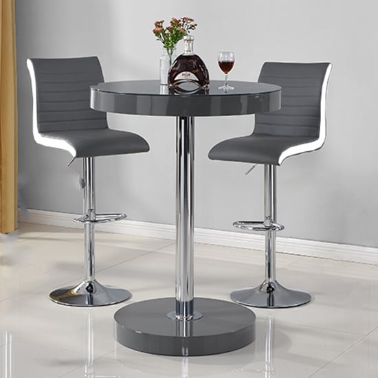 Hixson Bar Table In Grey With 2 Riga Grey And White Bar Stools