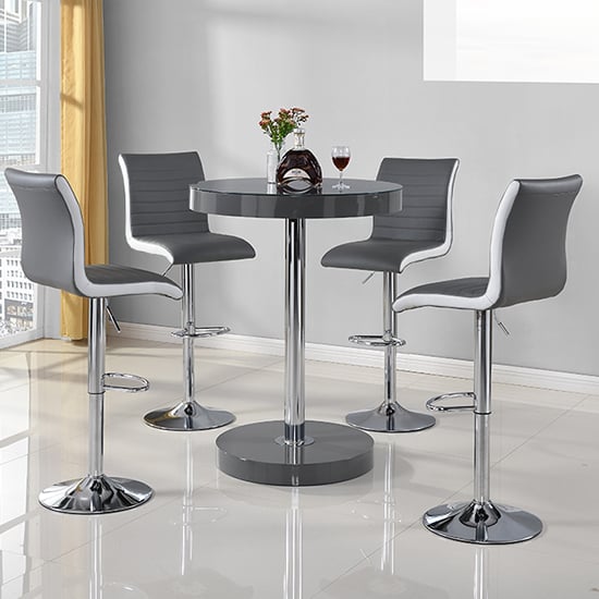 Hixson Bar Table In Grey With 4 Riga Grey And White Bar Stools