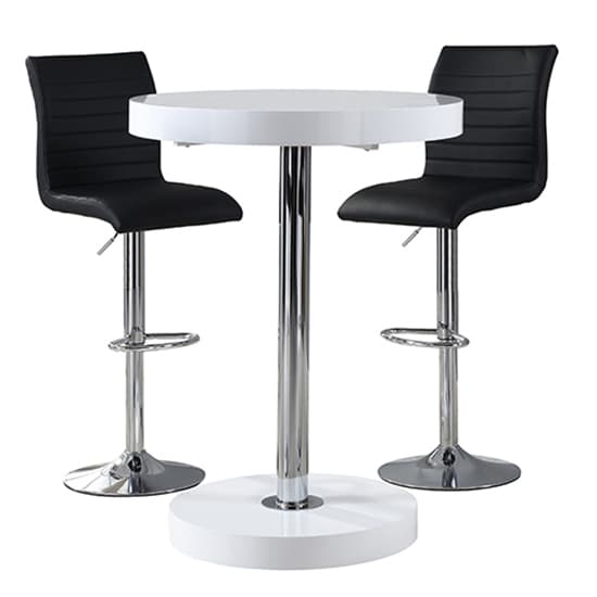 Hixson Bar Table In White With 2 Rifle Black Bar Stools