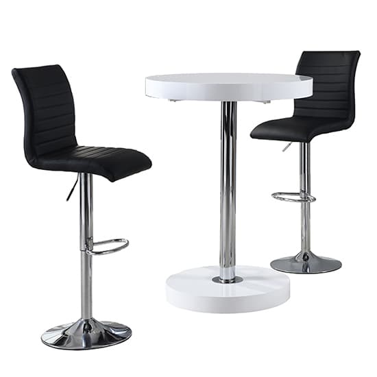 Hixson Bar Table In White With 2 Rifle Black Bar Stools