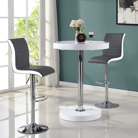 Hixson Bar Table In White With 2 Riga Grey And White Bar Stools