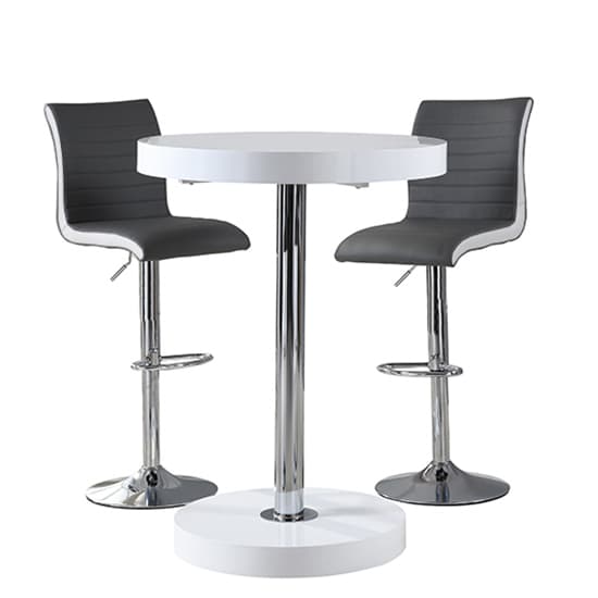 Hixson Bar Table In White With 2 Riga Grey And White Bar Stools