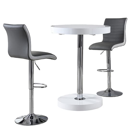 Hixson Bar Table In White With 2 Riga Grey And White Bar Stools