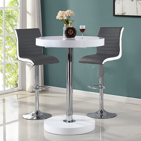 Hixson Bar Table In White With 2 Riga Grey And White Bar Stools