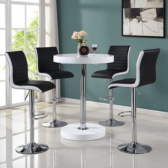 Hixson Bar Table In White With 4 Riga Black And White Bar Stools