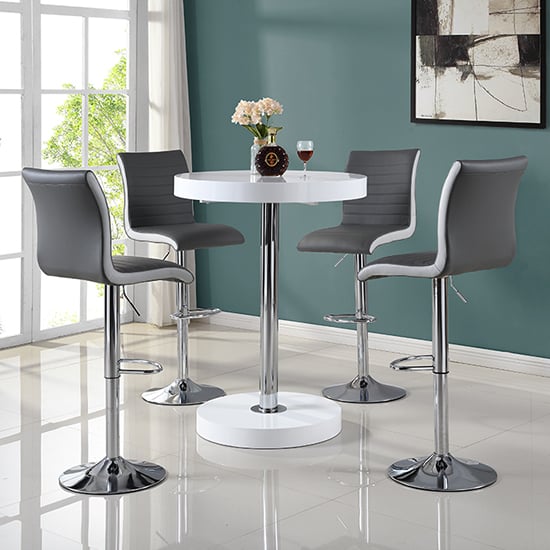 Hixson Bar Table In White With 4 Riga Grey And White Bar Stools