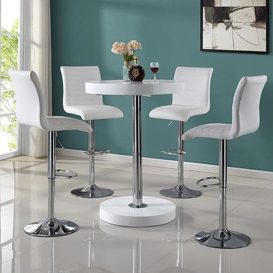 Hixson Round Bar Table In White With 4 Rifle Bar Stools