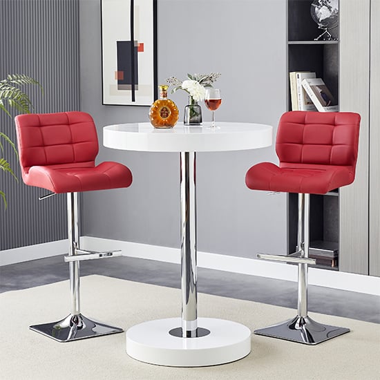 Hixson White High Gloss Bar Table With 2 Canyon Bordeaux Stools