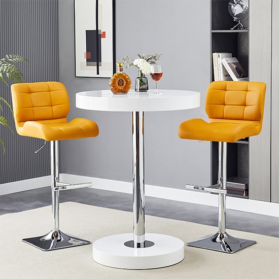 Hixson White High Gloss Bar Table With 2 Canyon Curry Stools