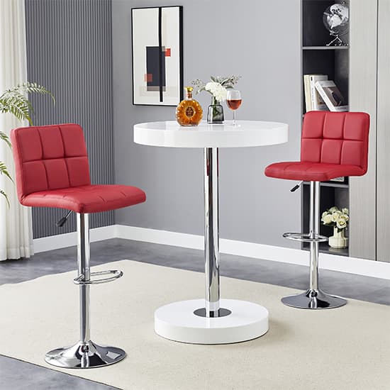 Hixson White High Gloss Bar Table With 2 Concord Bordeaux Stools