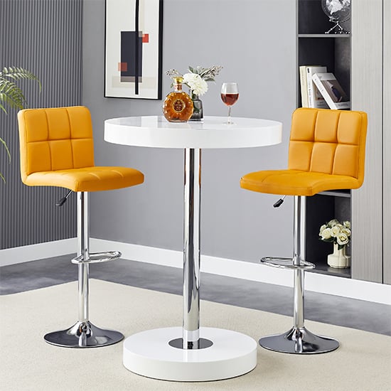 Hixson White High Gloss Bar Table With 2 Concord Curry Stools