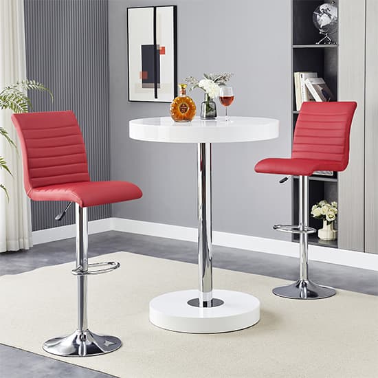 Hixson White High Gloss Bar Table With 2 Rifle Bordeaux Stools