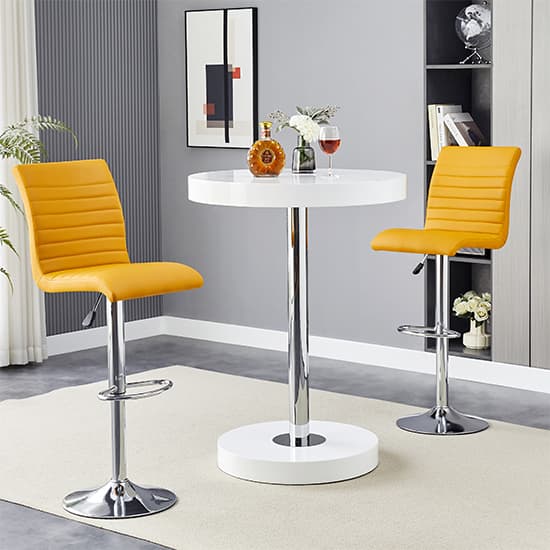 Hixson White High Gloss Bar Table With 2 Rifle Curry Stools