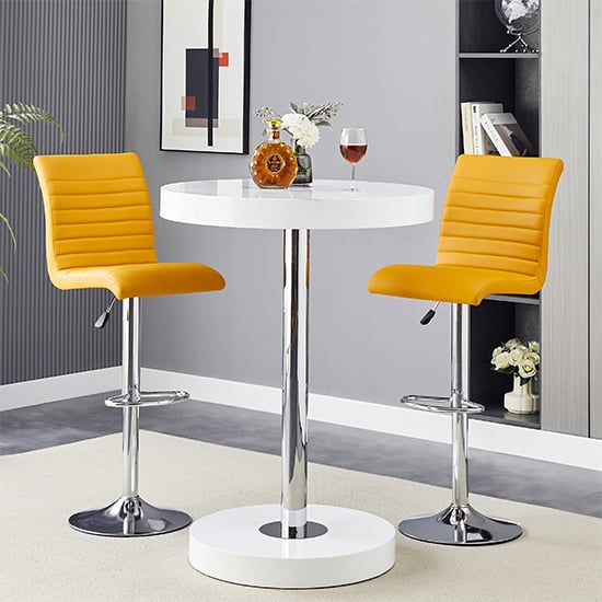 Hixson White High Gloss Bar Table With 2 Rifle Curry Stools