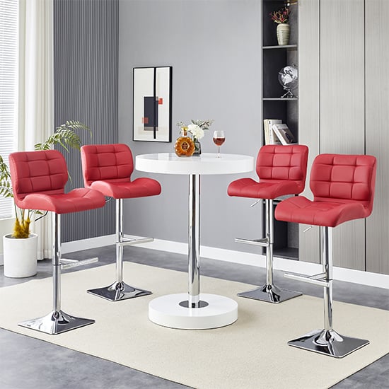 Hixson White High Gloss Bar Table With 4 Canyon Bordeaux Stools