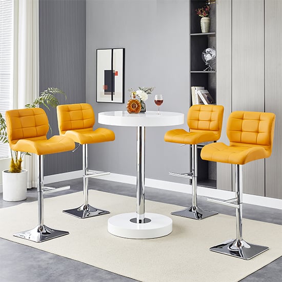 Hixson White High Gloss Bar Table With 4 Canyon Curry Stools