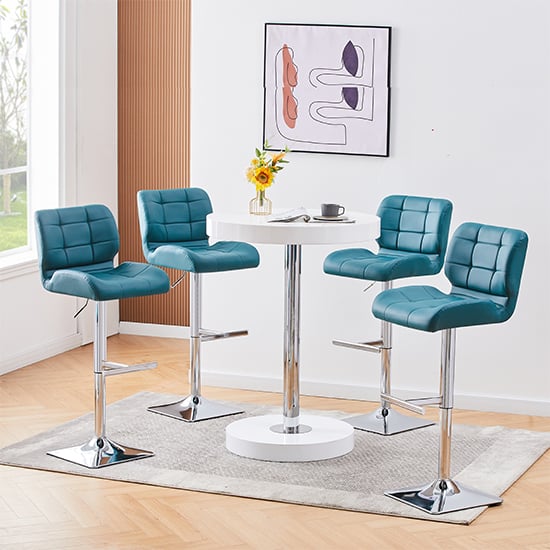 Hixson White High Gloss Bar Table With 4 Canyon Teal Stools