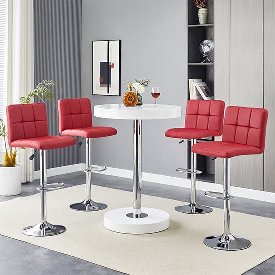 Hixson White High Gloss Bar Table With 4 Concord Bordeaux Stools
