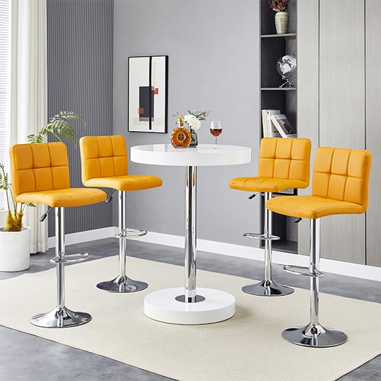 Hixson White High Gloss Bar Table With 4 Concord Curry Stools