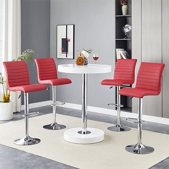 Hixson White High Gloss Bar Table With 4 Rifle Bordeaux Stools