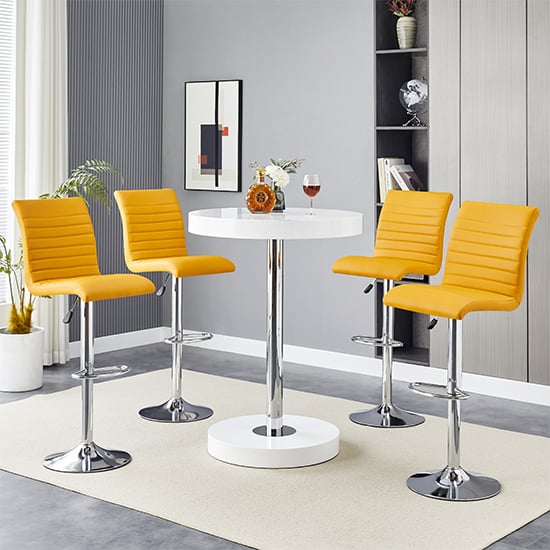Hixson White High Gloss Bar Table With 4 Rifle Curry Stools