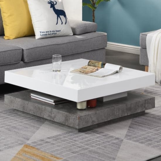 Huron Rotating Gloss Coffee Table In White And Concrete Effect