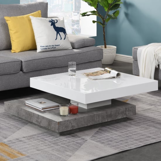 Huron Rotating Gloss Coffee Table In White And Concrete Effect