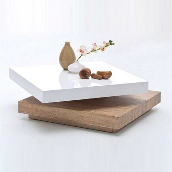 Huron Rotating Gloss Coffee Table In White And Oak Effect