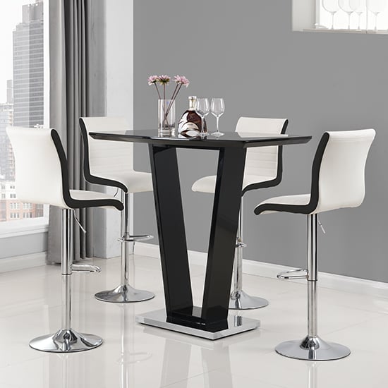 Indio Black High Gloss Bar Table With 4 Riga White Black Stools