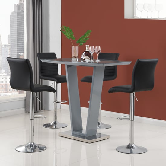 Indio Grey High Gloss Bar Table With 4 Rifle Black Stools